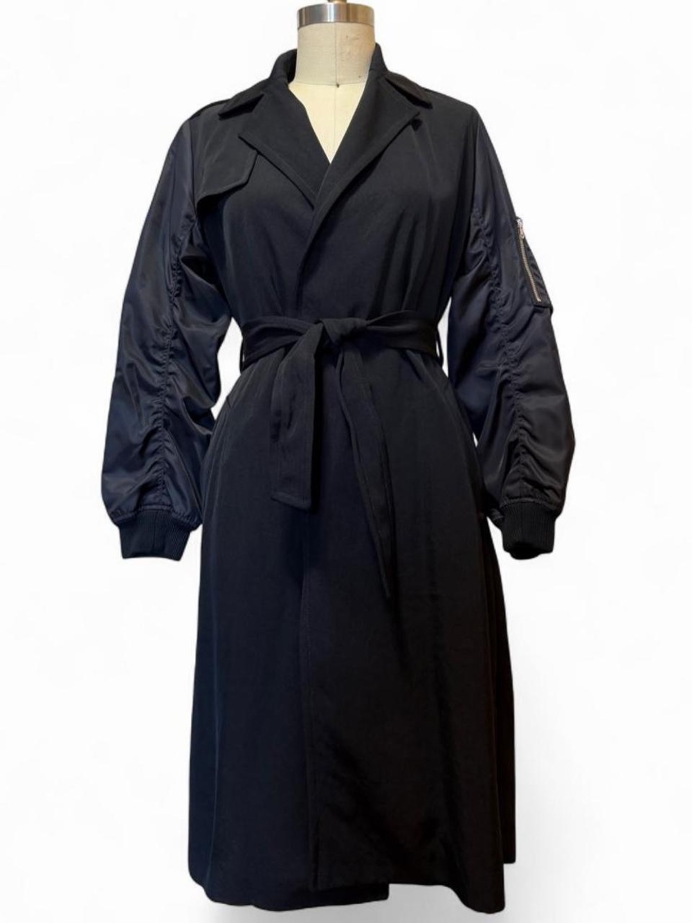 Sandro Black Waterloo Mixed Media Trench Coat, size 36 (small), bomber sleeve